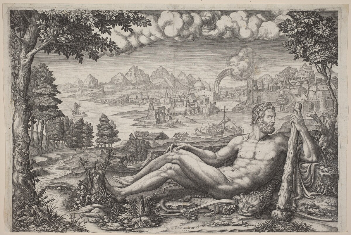 Hercules Resting from His Labors by Giorgio Ghisi after Giulio Romano
