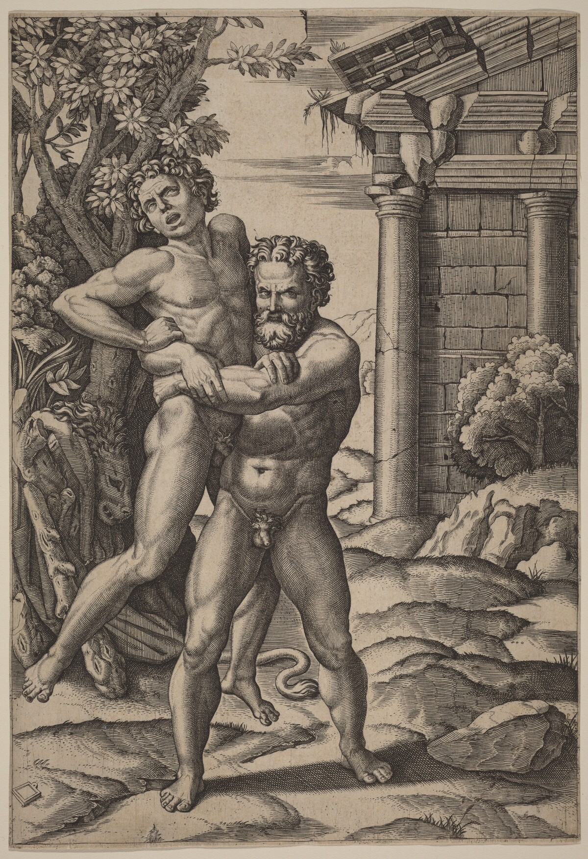 Hercules and Antaeus by Marcantonio Raimondi, after Raphael