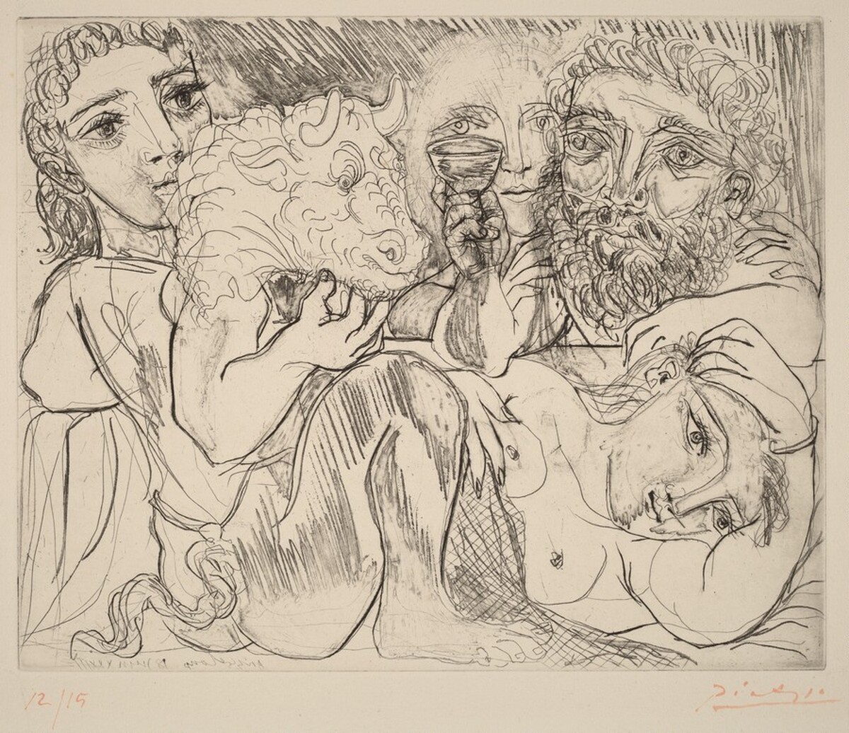 Marie-Thérèse Dreams of Metamorphosis: She and the Sculptor Drink with a Young Greek Actor Playing the Role of the Minotaur (Marie-Thérèse rêvant de métamorposes: elle-même et le sculpteur buvant avec un jeune acteur grec jouant le rôle du minotaure) by Pablo Picasso