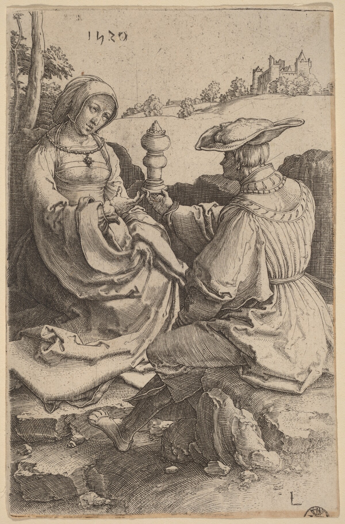 A Nobleman and a Lady Seated in a Landscape by Lucas van Leyden
