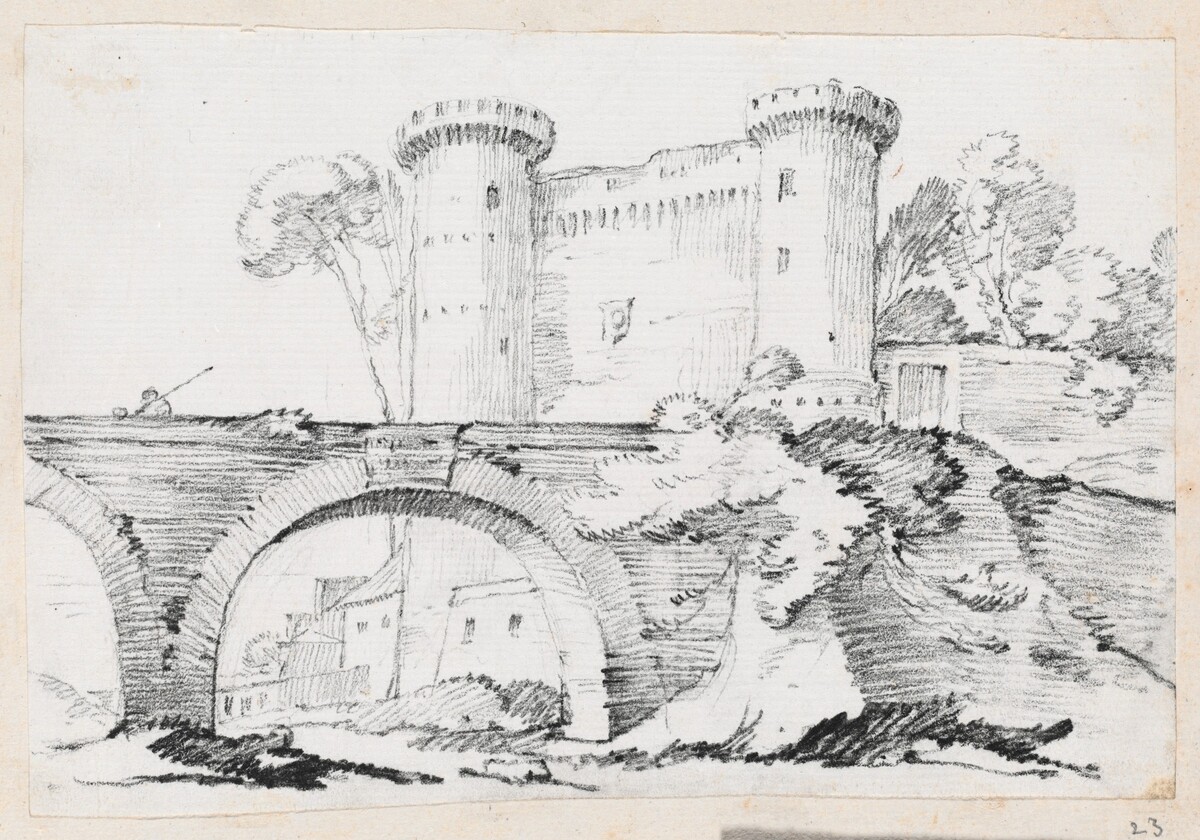 A Stone Bridge and the Fortified Entrance to a Town by Joseph-Marie Vien