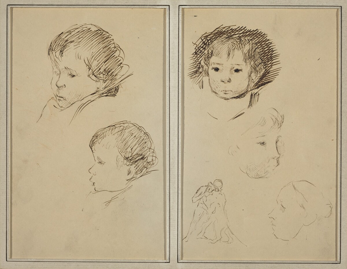 Two Studies of a Child's Head; Two Studies of a Child's Head, a Woman in Profile, and a Man Wrestling an Animal [recto] by Paul Gauguin