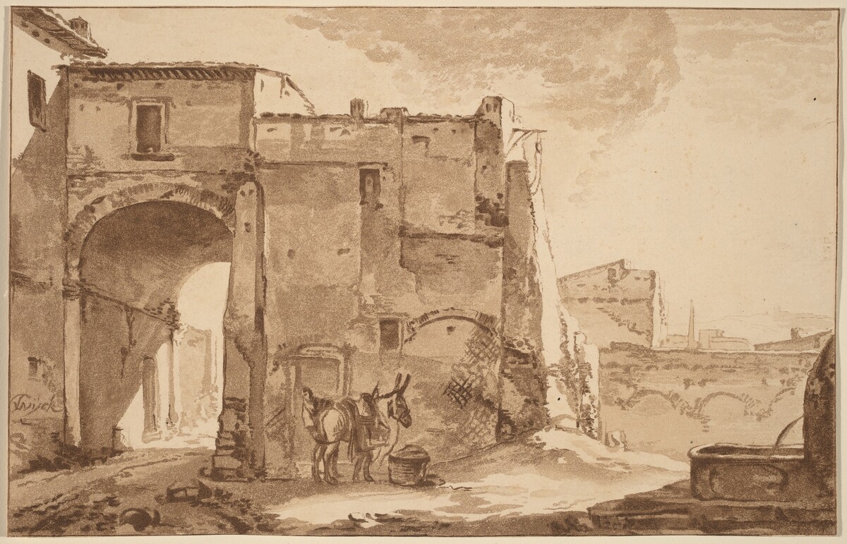 Gateway with Traveler and Mule by Cornelis Ploos van Amstel (editor) and Cornelis Brouwer (printmaker), after Thomas Wyck