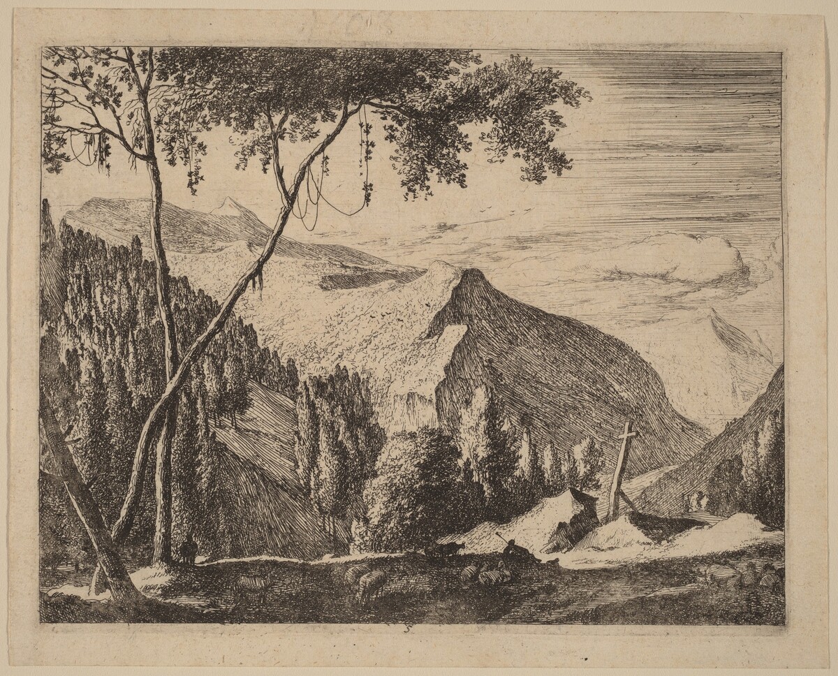 Rocky Landscape with Cross: pl.5 by Roelant Roghman and Melchior Küsel