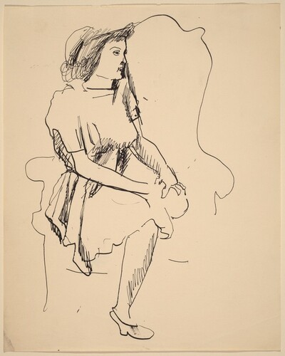 Woman Seated Sideways in Upholstered Chair, Left Leg Tucked Under