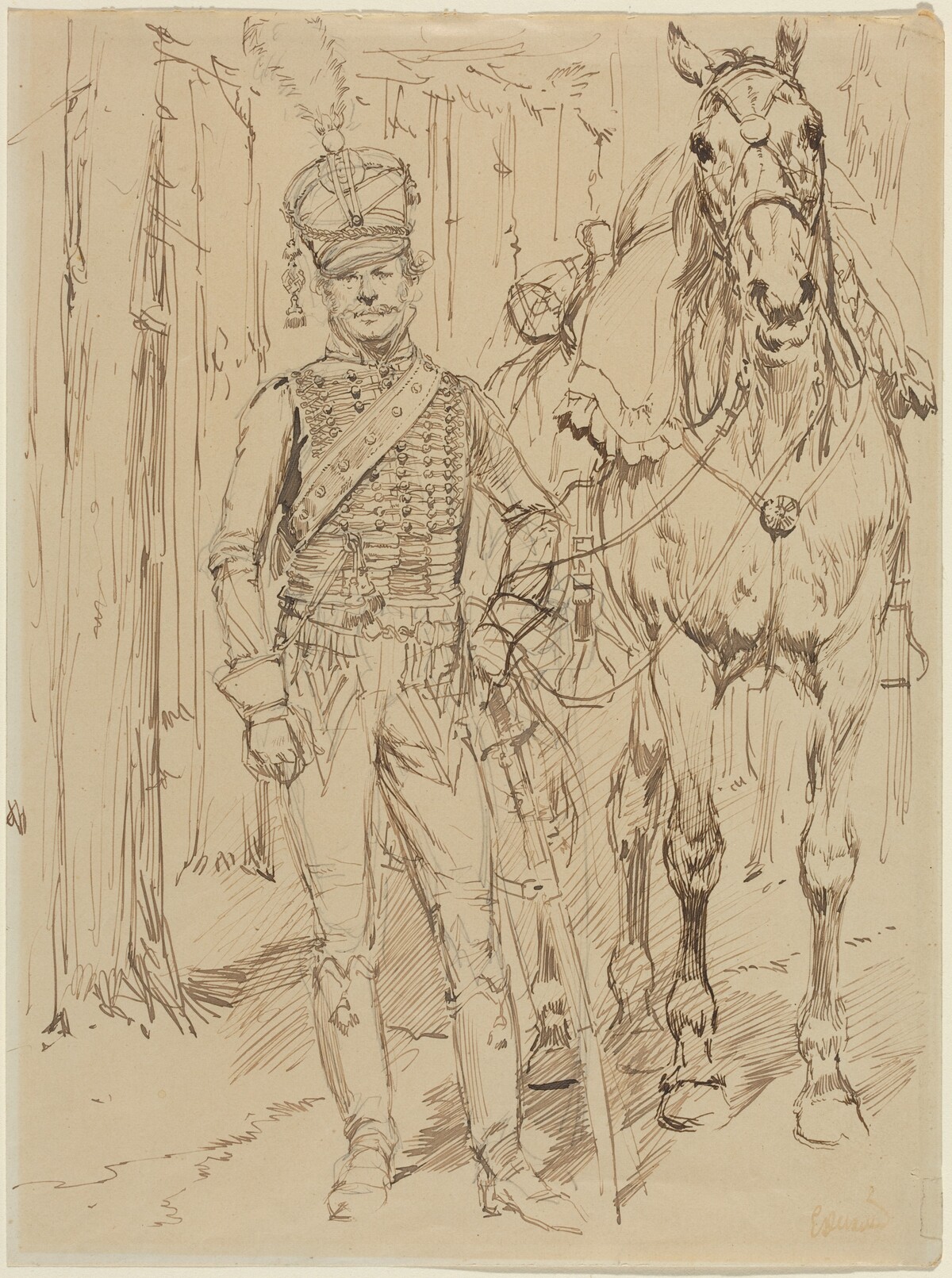 A French Hussar Leading a Horse by Jean-Baptiste-Edouard Detaille