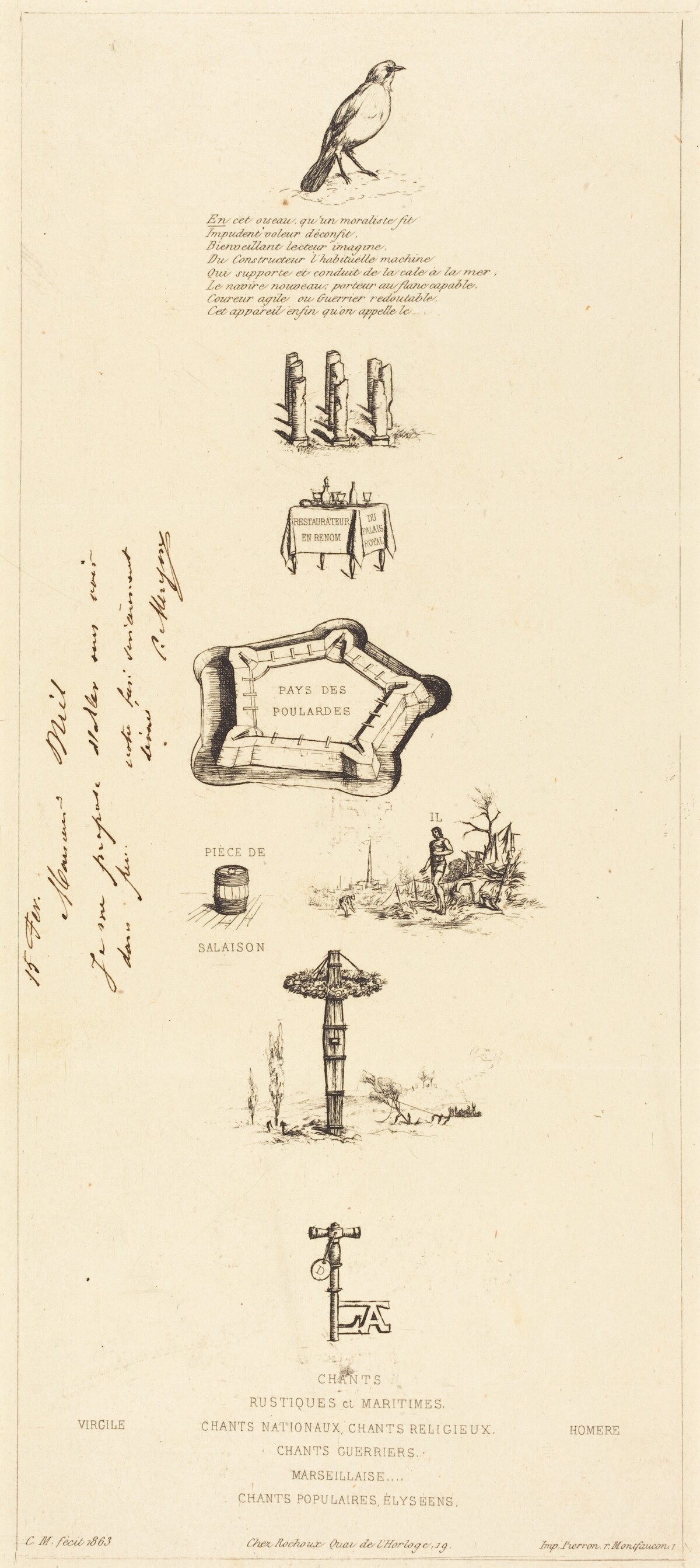Rébus: "Béranger ne fut véritablement fort, car il n'eut jamais la clef des champs" (Rebus: "Beranger was not really strong, for he never had the key of the fields") by Charles Meryon