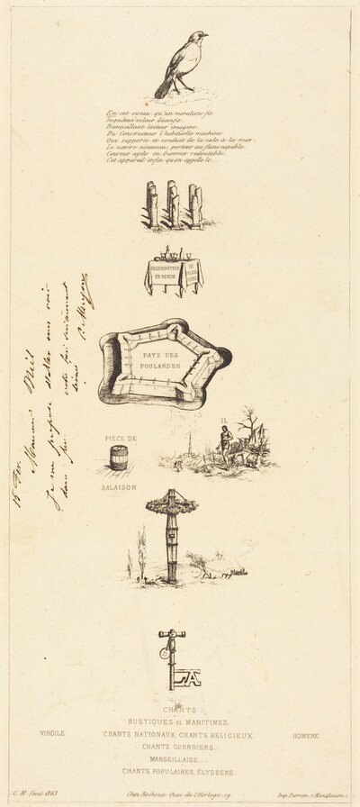 Rébus: "Béranger ne fut véritablement fort, car il n'eut jamais la clef des champs" (Rebus: "Beranger was not really strong, for he never had the key of the fields")