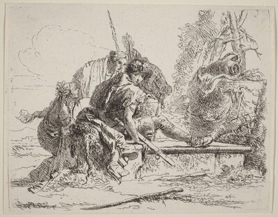 Soldier Seated on a Tomb with Surrounding Figures