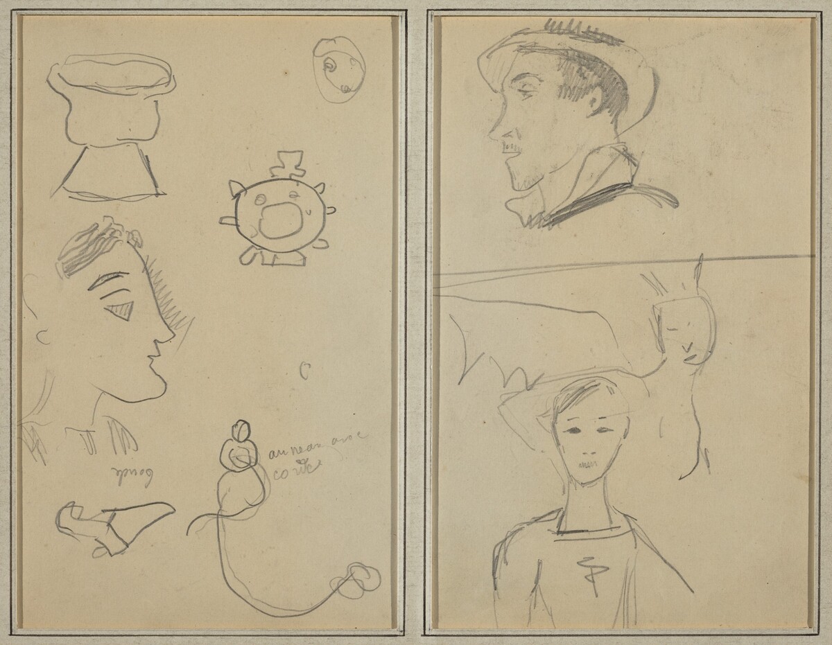 A Caricature and Five Forms; A Man in Profile, a Winged Creature and a Boy [verso] by Paul Gauguin