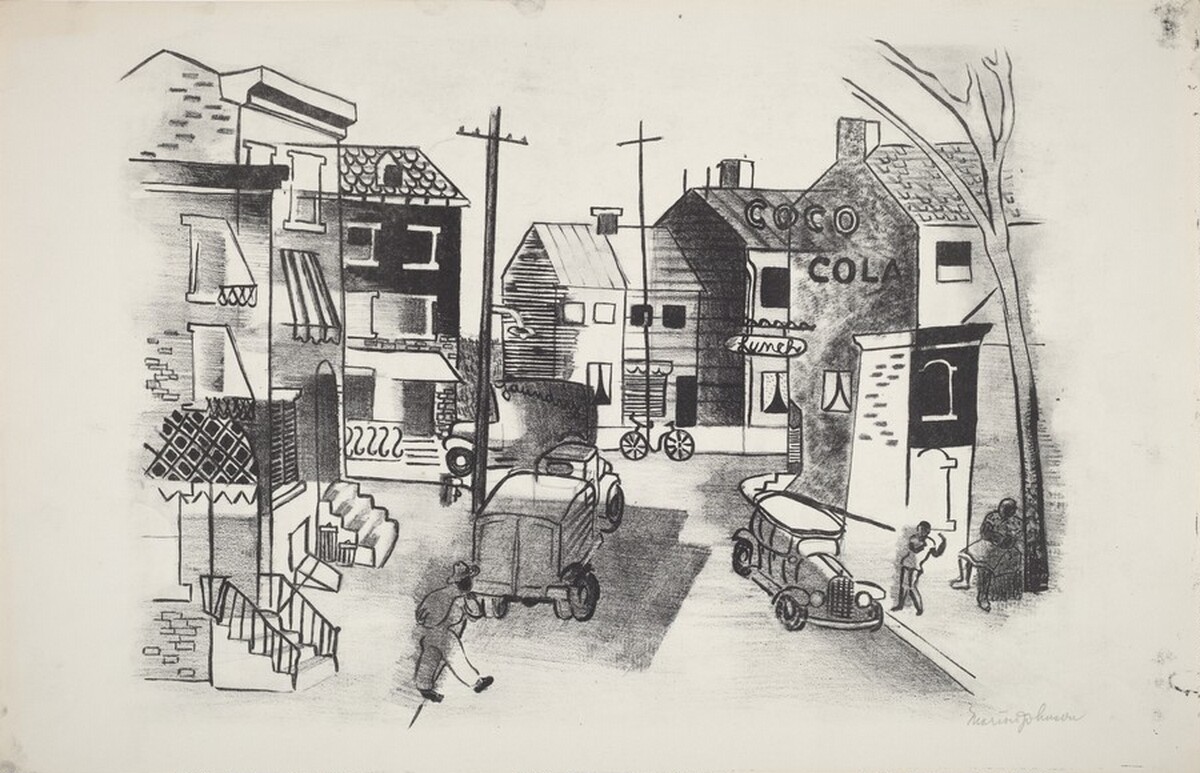 Untitled (Street scene with "Coco Cola" (sic) sign and dancing child) by Marion Johnson