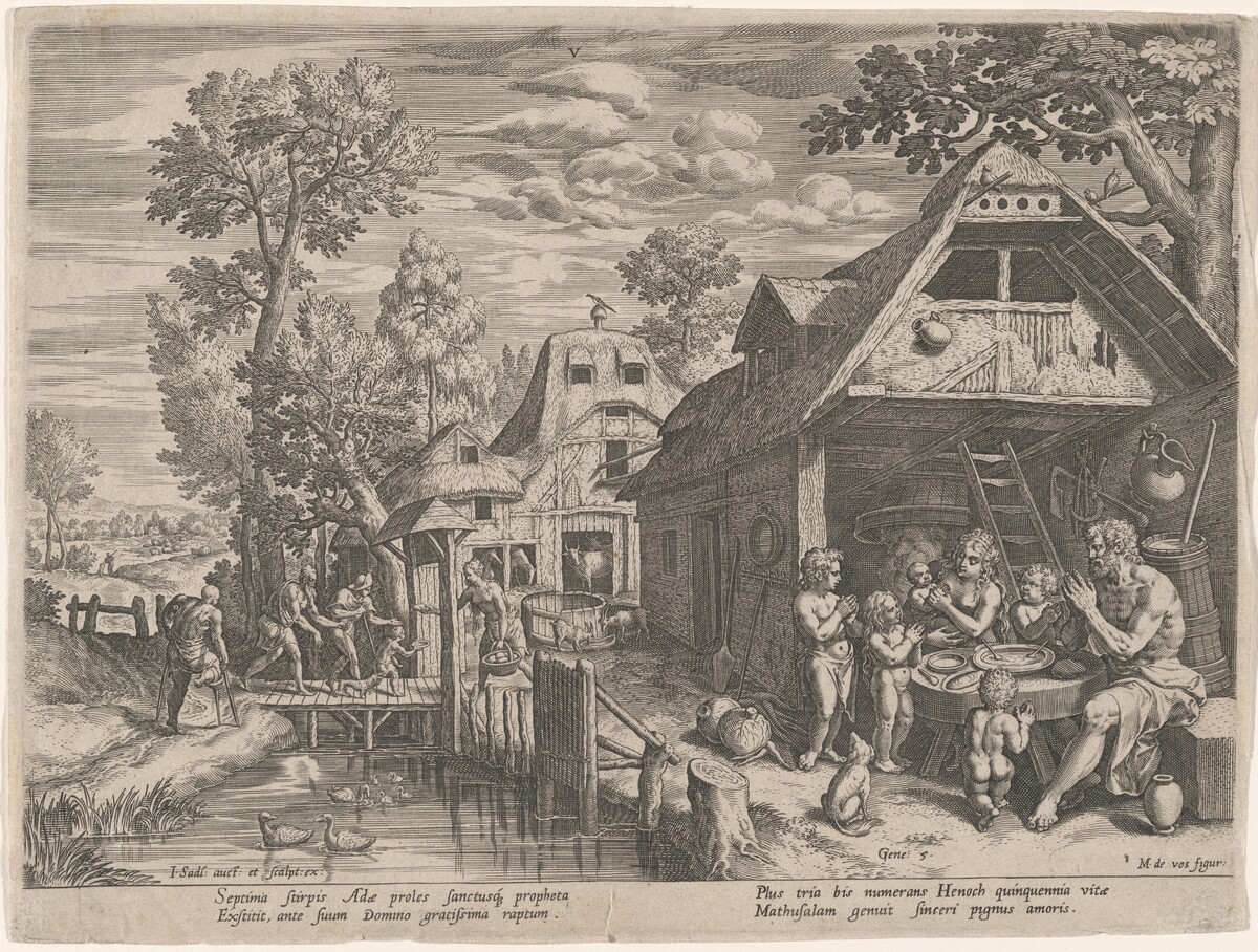 Henoch and His Family at a Meal by Jan Sadeler I, after Marten de Vos