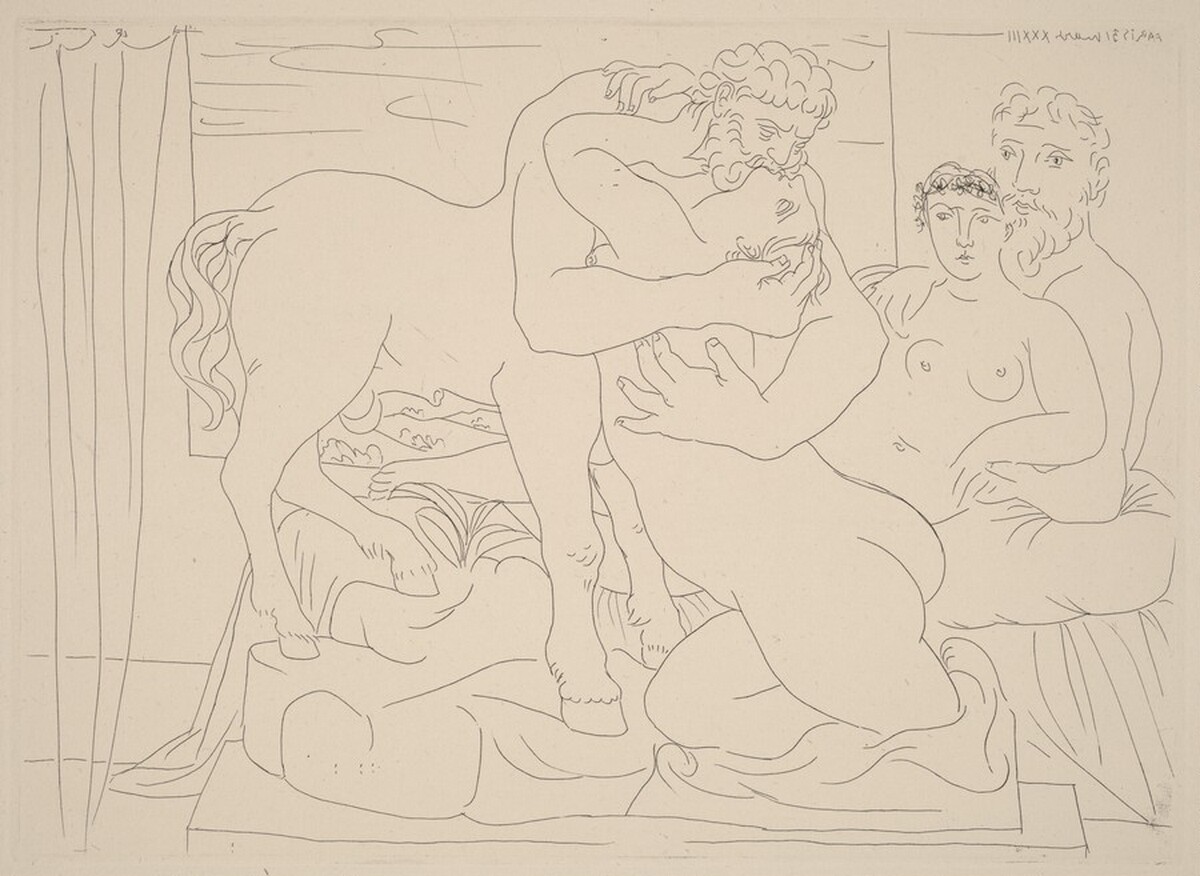 Sculptor and Model with a Sculpture Representing a Centaur Kissing a Woman (Sculpteur et son modèle avec un groupe sculpté représentant un centaure embrassant une femme) by Pablo Picasso