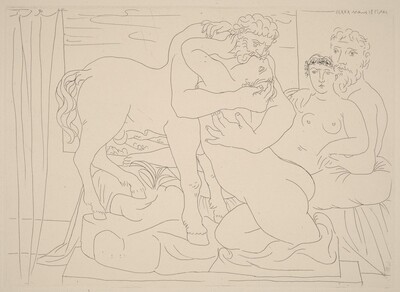 Sculptor and Model with a Sculpture Representing a Centaur Kissing a Woman (Sculpteur et son modèle avec un groupe sculpté représentant un centaure embrassant une femme)