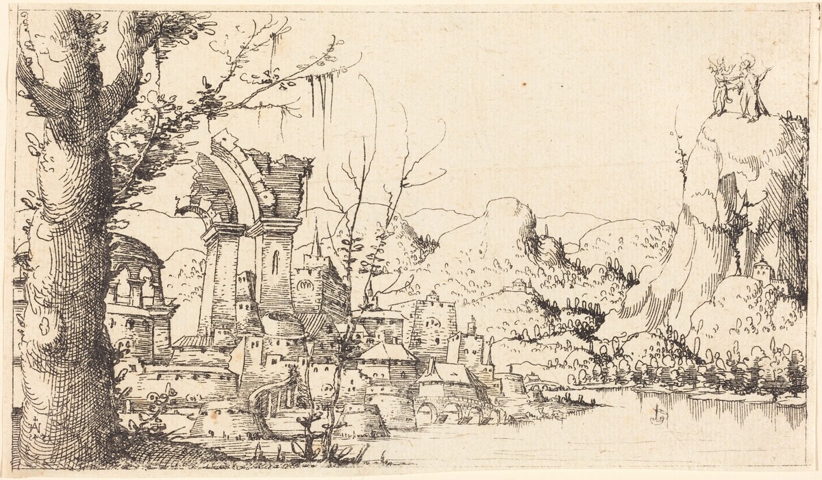 River Landscape with the Temptation of Christ by Augustin Hirschvogel