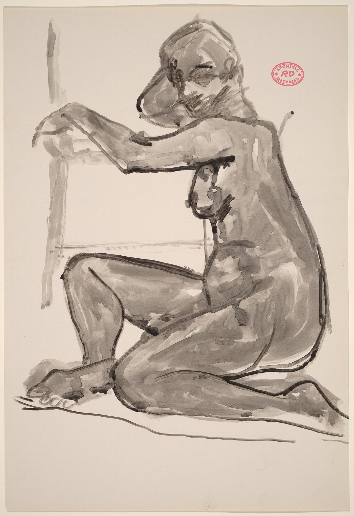 Untitled [female nude seated on floor resting arms on chair] by Richard Diebenkorn