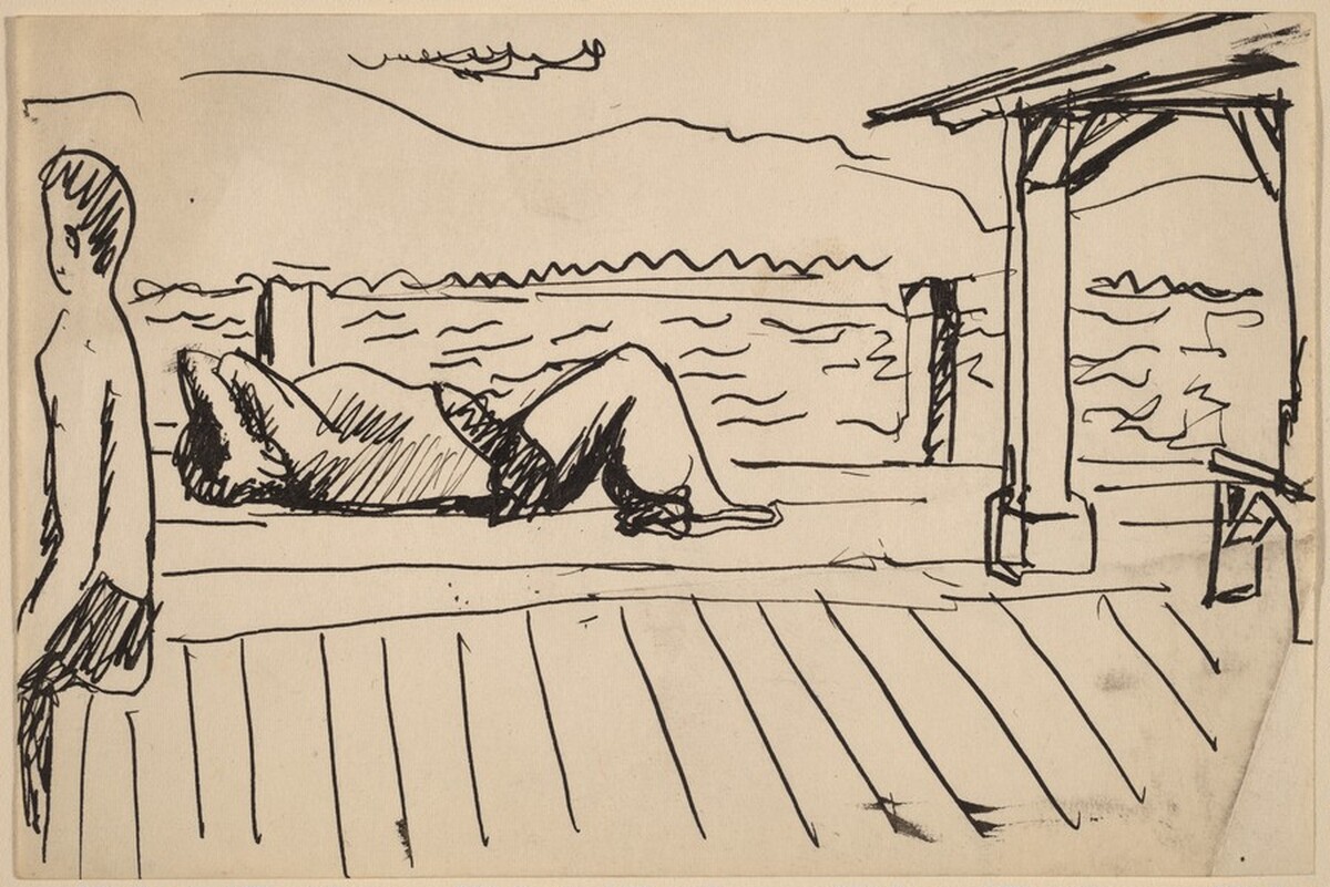 Two Figures Sunbathing on Waterside Dock by Mark Rothko