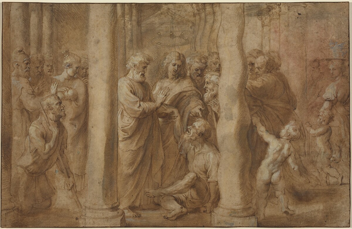The Miracle of the Lame Man Healed by Saint Peter and Saint John by Sir Peter Paul Rubens over Anonymous Italian after Parmigianino after Raphael