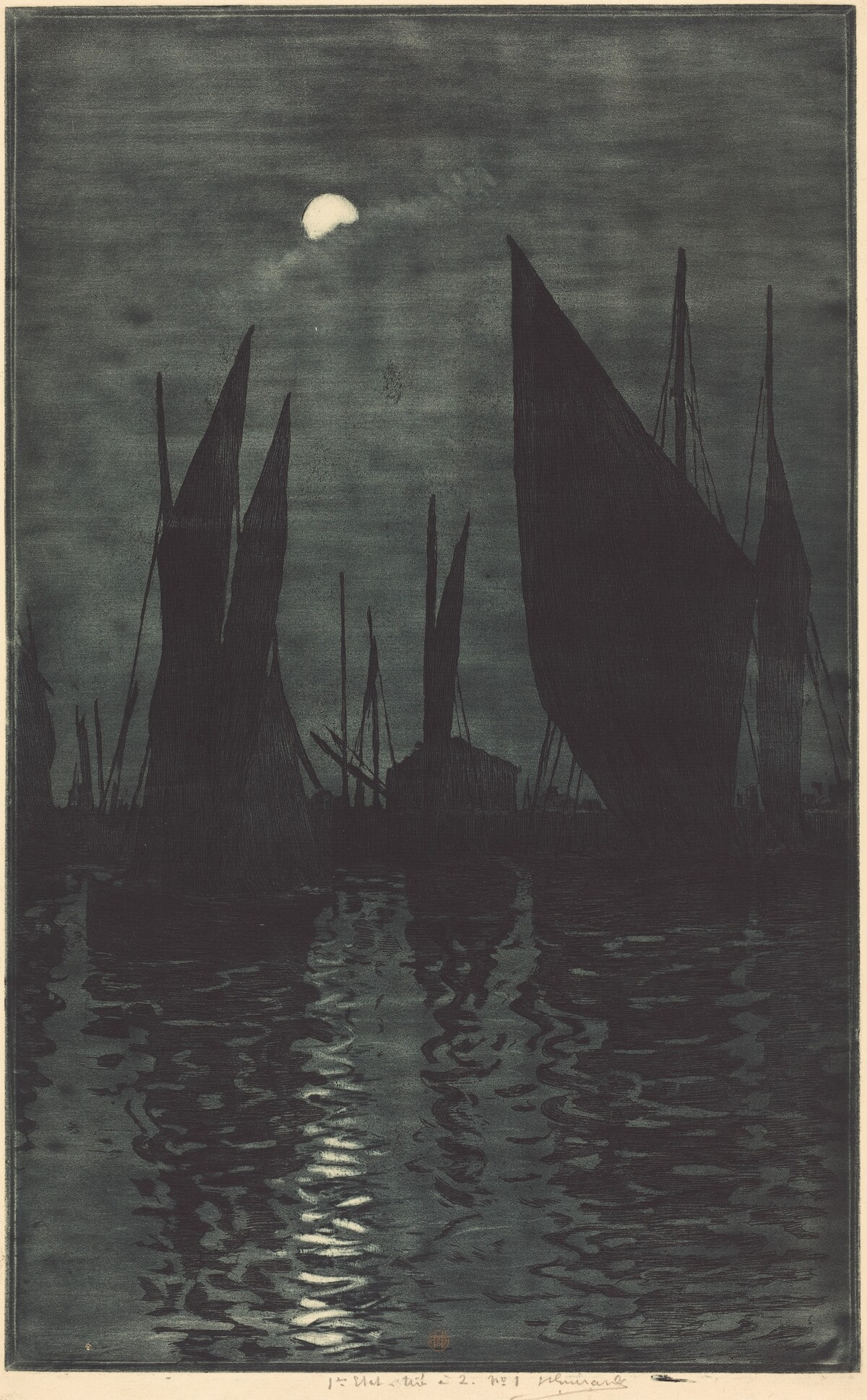 Moonlight in the Harbor at Dieppe by Henri-Charles Guérard