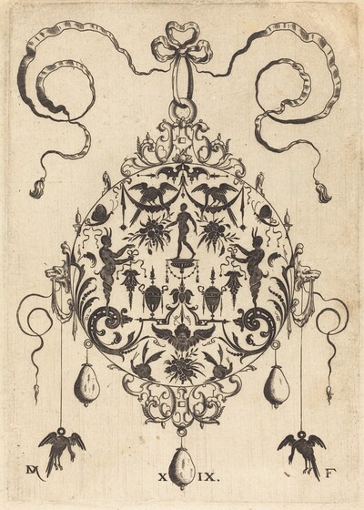 Large Pendant, In Circular Form, Nude Man Flanked by Two Herms