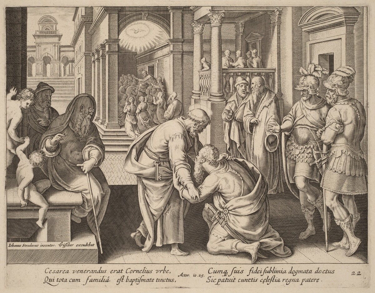 Cornelius Worshipping Saint Peter by Philip Galle after Jan van der Straet