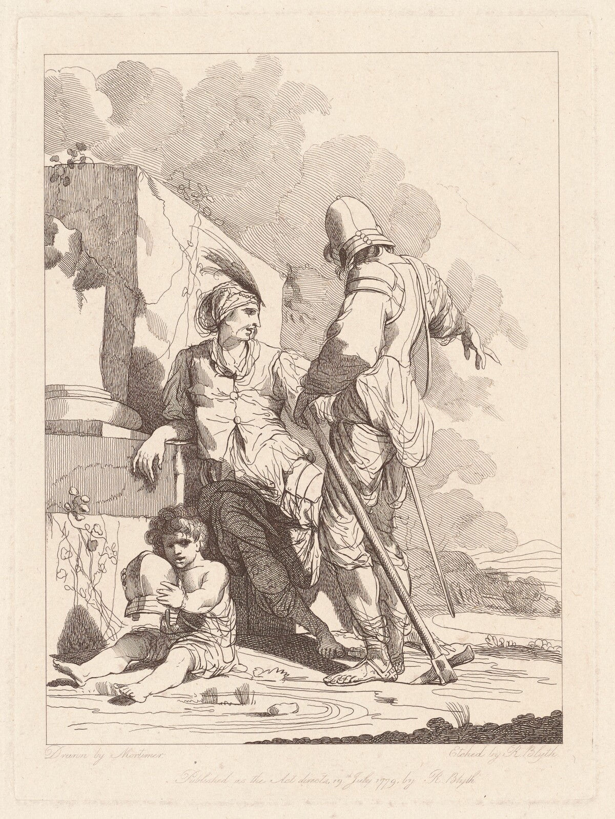 Two Soldiers and Child Holding a Helmet by Robert Blyth, after John Hamilton Mortimer