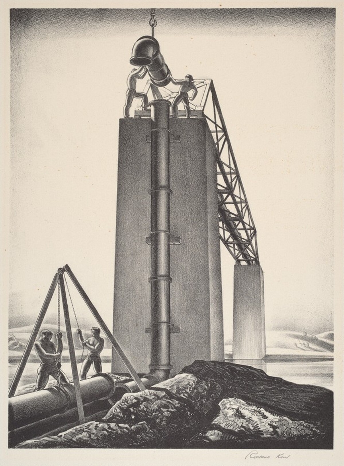 Untitled (Laying Pipe Section Over a Bridge) by Rockwell Kent
