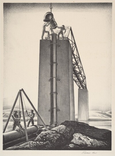 Untitled (Laying Pipe Section Over a Bridge)