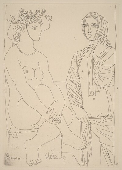 At the Bath. Woman in a Hat with Flowers and Woman Draped in a Towel (Au bain)
