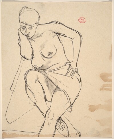 Untitled [seated nude covered across her thighs]