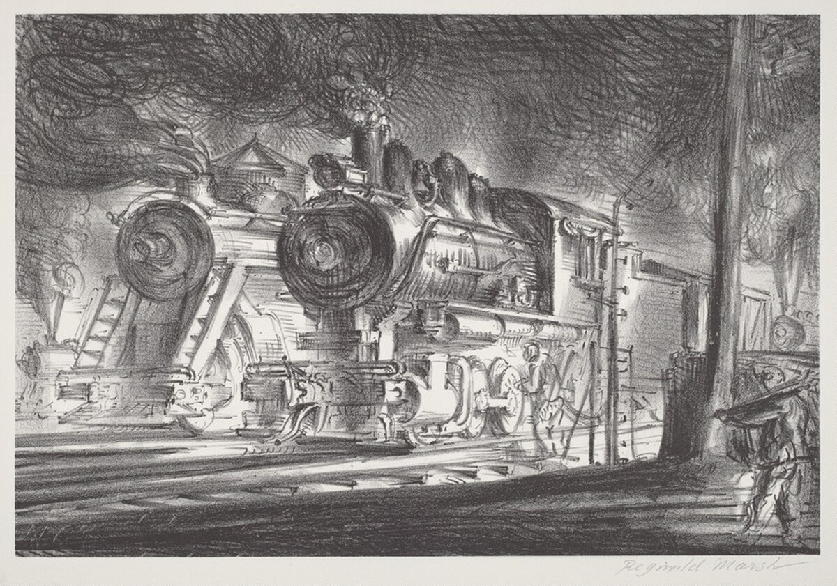 Switch Engines, Erie Yards, Jersey City, Stone No.3 by Reginald Marsh