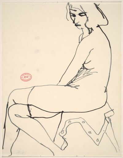 Untitled [female nude in stockings seated on draped stool]