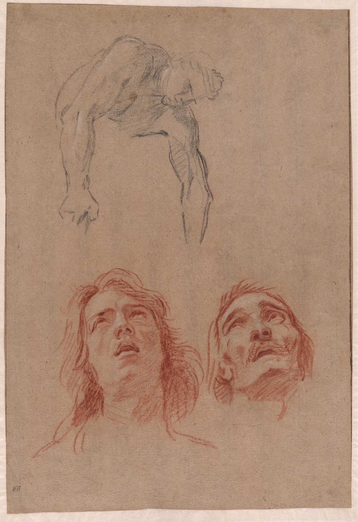 Man Reaching Down and Two Studies of Heads (recto) by Jean-Baptiste Jouvenet