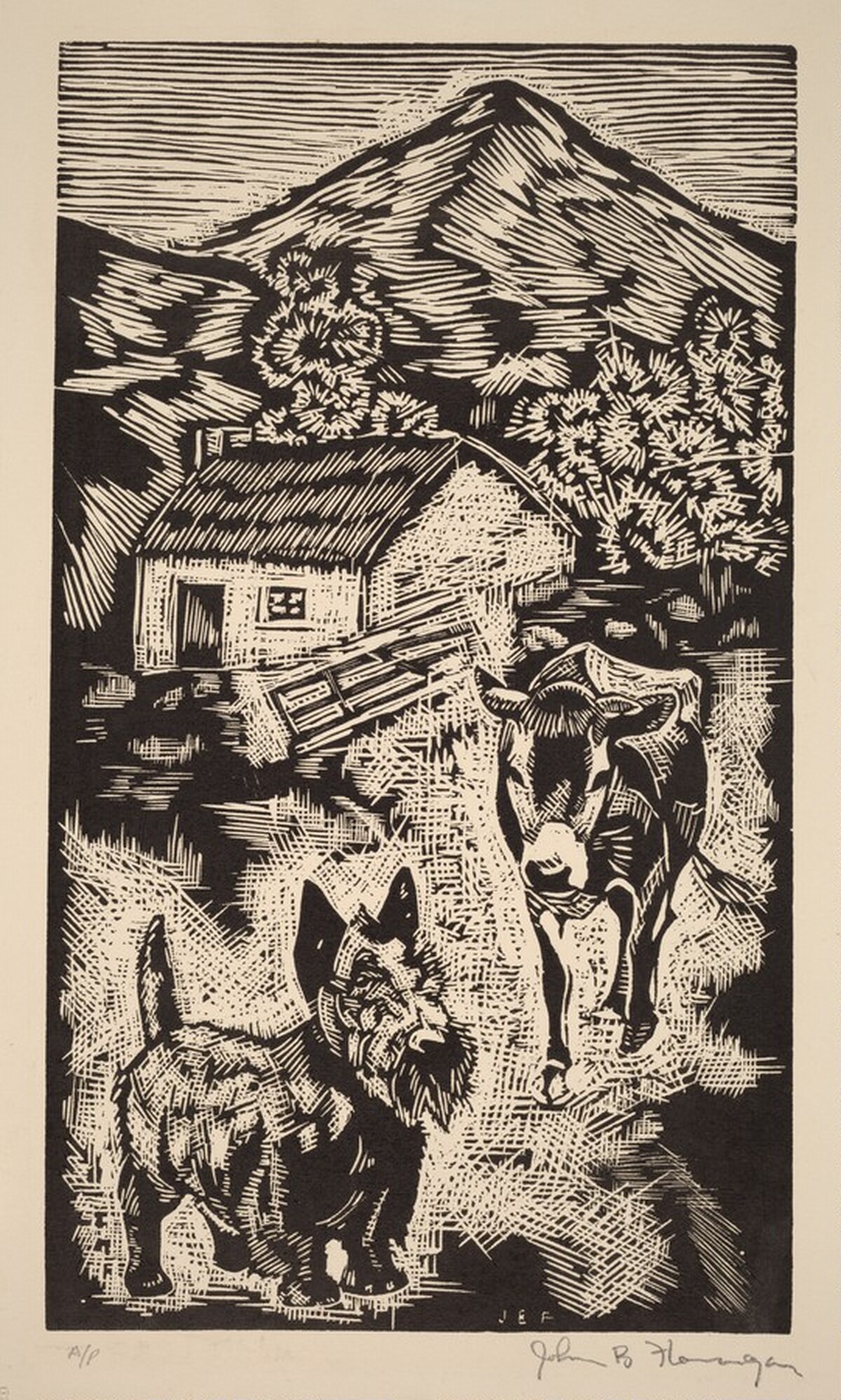 Untitled (Scottie and Cow Near Cottage in Hilly Landscape, Ireland) by John B. Flannagan