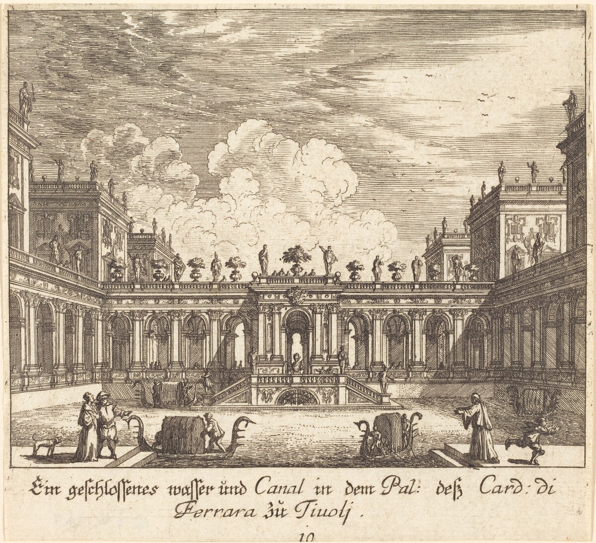 Palace and Canal, Cardinal di Ferrara, Tivoli by Melchior Küsel after Johann Wilhelm Baur