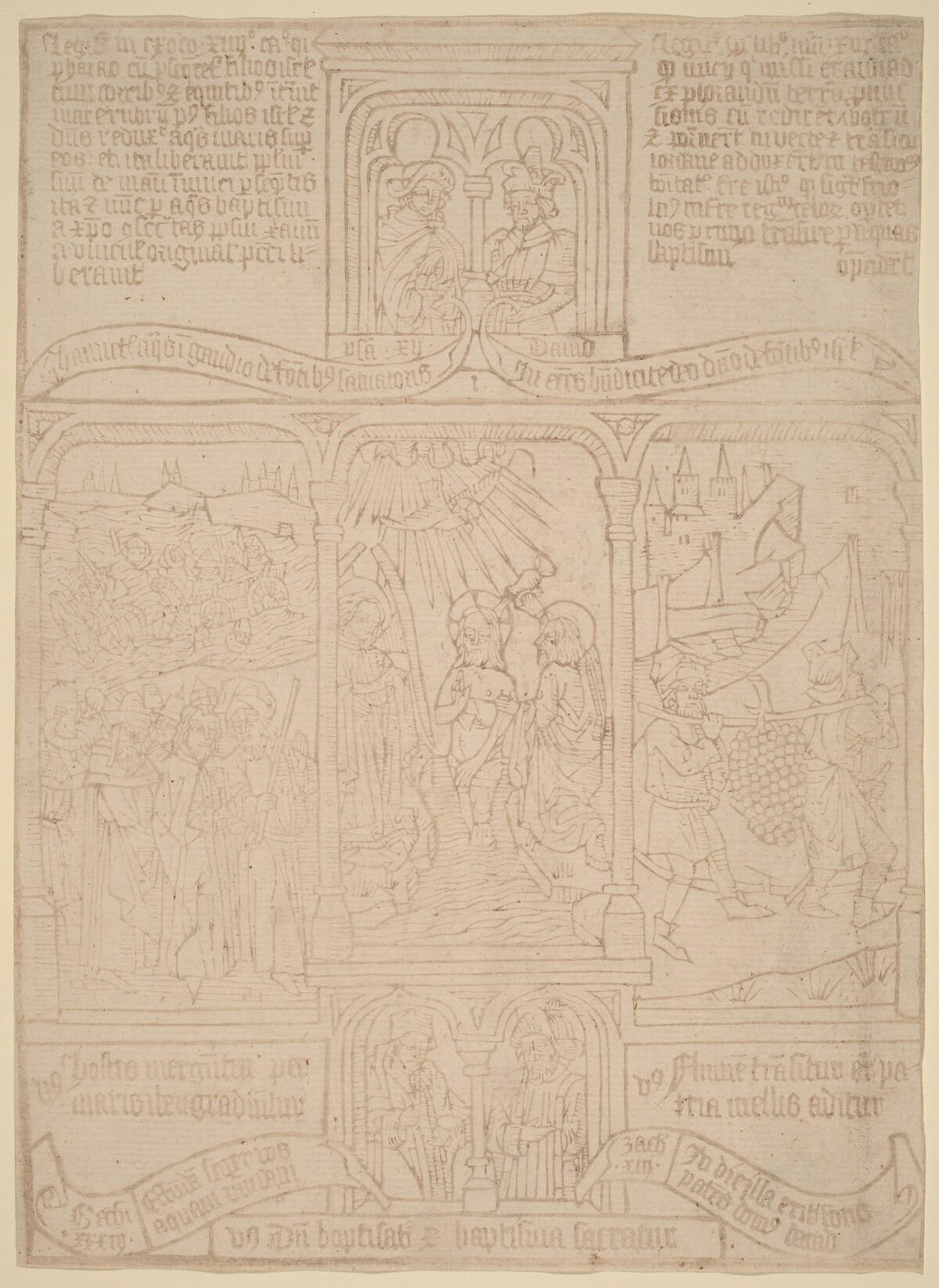 The Baptism of Christ; Pharoah Passing through the Red Sea; Joshua and Caleb by Netherlandish 15th Century