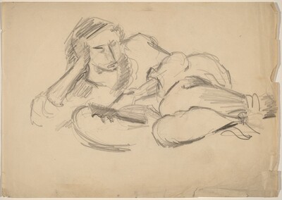 Reclining Female Reading a Book, Head Resting on Hand