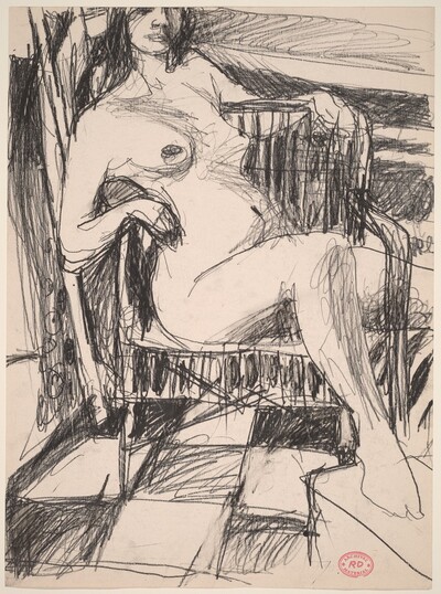Untitled [female nude seated in an armchair on a tile floor]
