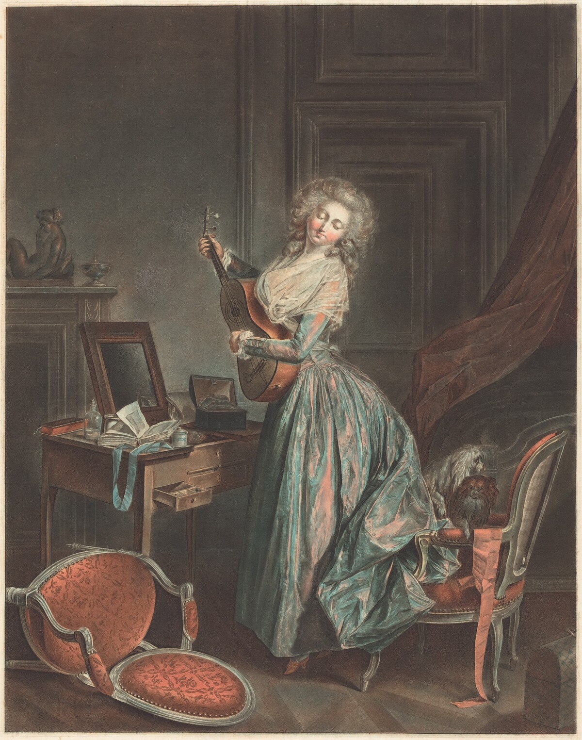 A Woman Playing the Guitar by Jean-François Janinet after Nicolas Lavreince