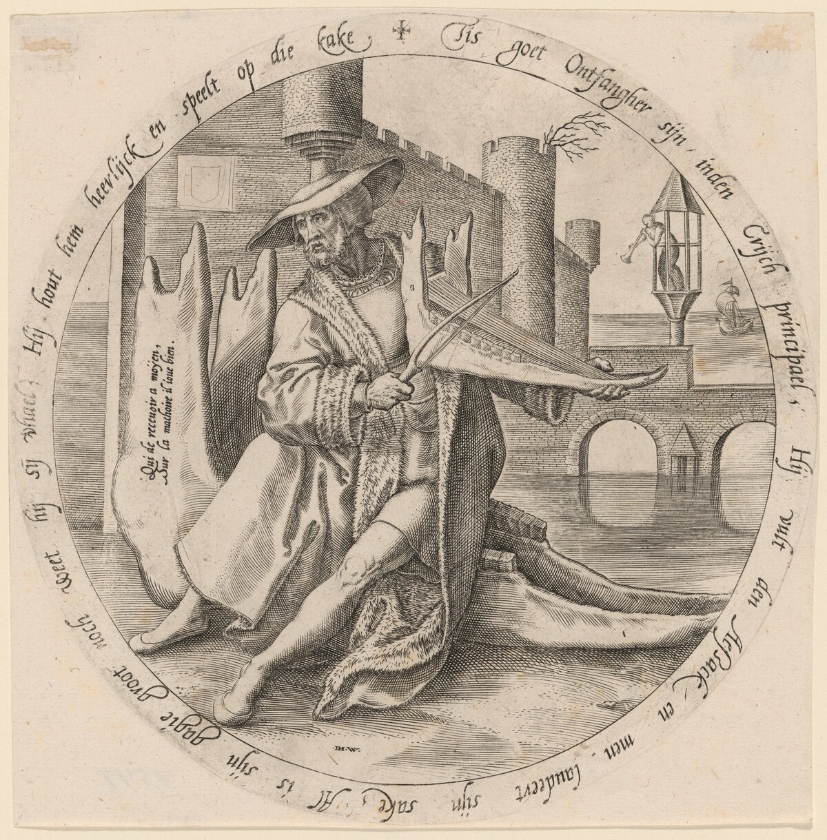 The Rich Man Playing Violin on a Jaw Bone by Johan Wierix, after Pieter Bruegel the Elder