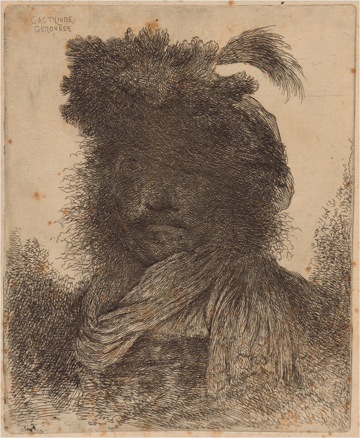 Bearded Man with Shadowed Face, Wearing a Scarf and a Plumed Hat by Giovanni Benedetto Castiglione