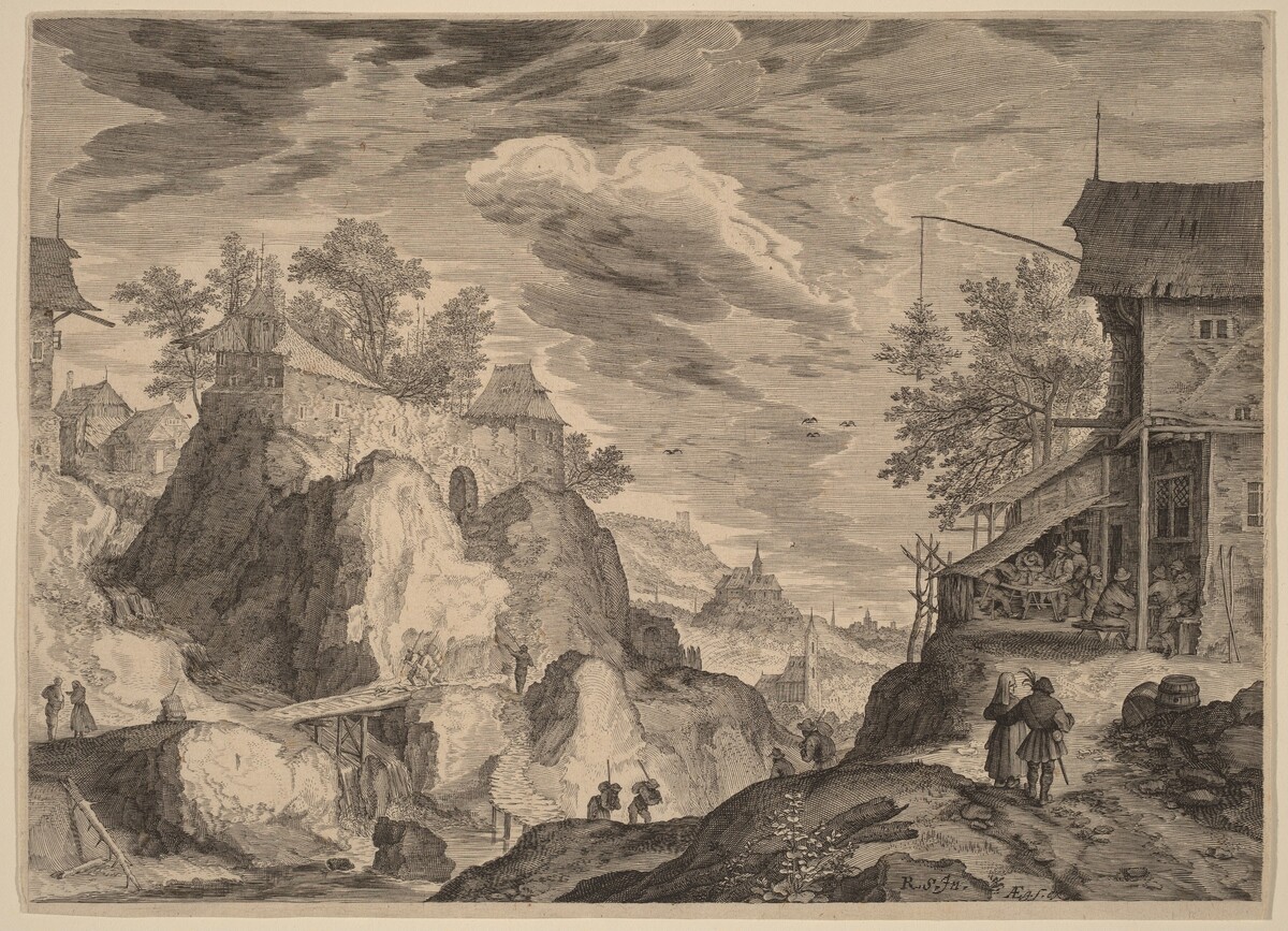 Landscape with an Inn to the Right and House on Rocks to the Left by Aegidius Sadeler II after Roelandt Savery