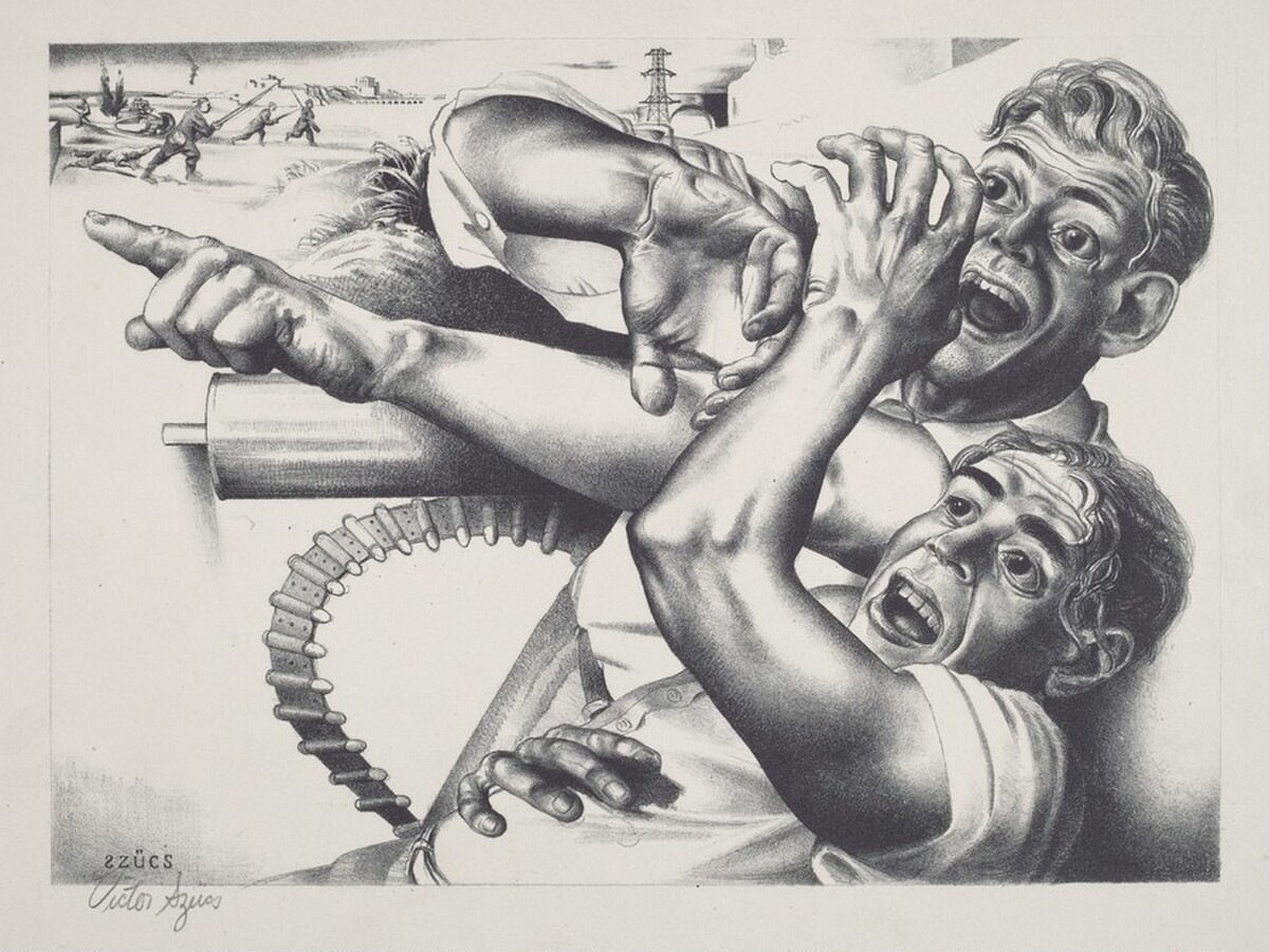 Untitled (Frightened Men by Machine Gun; Spanish Civil War) by Victor Szucs