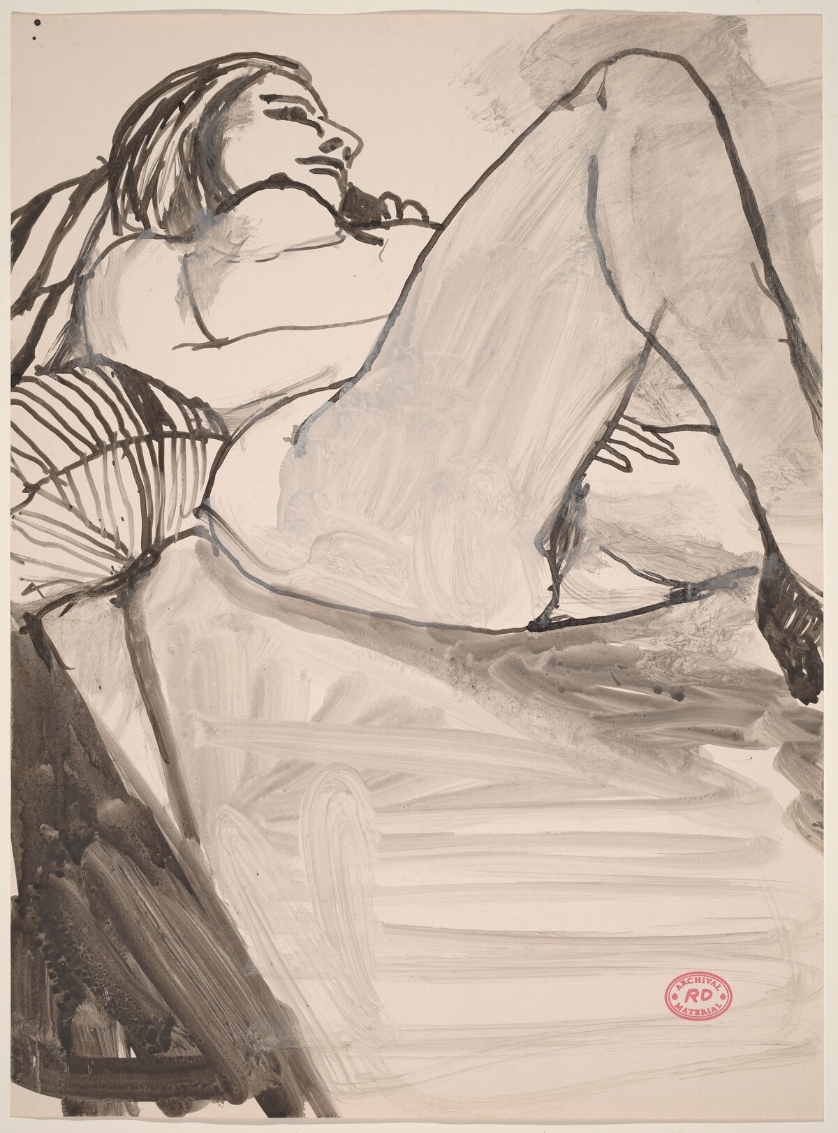 Untitled [female nude reclining on striped pillows] by Richard Diebenkorn