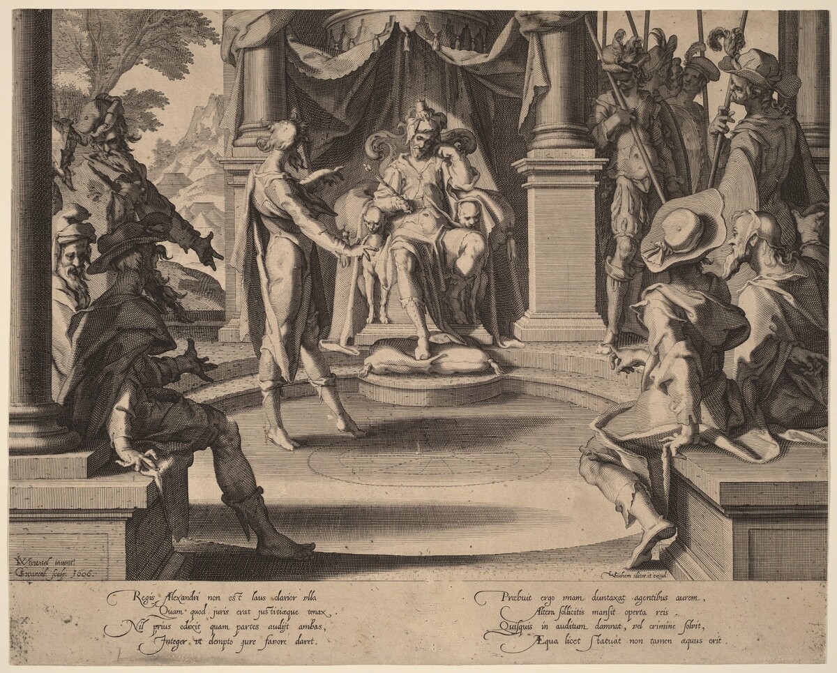 Alexander the Great Seated in Justice by Willem Swanenburgh, after Joachim Anthonisz Wtewael