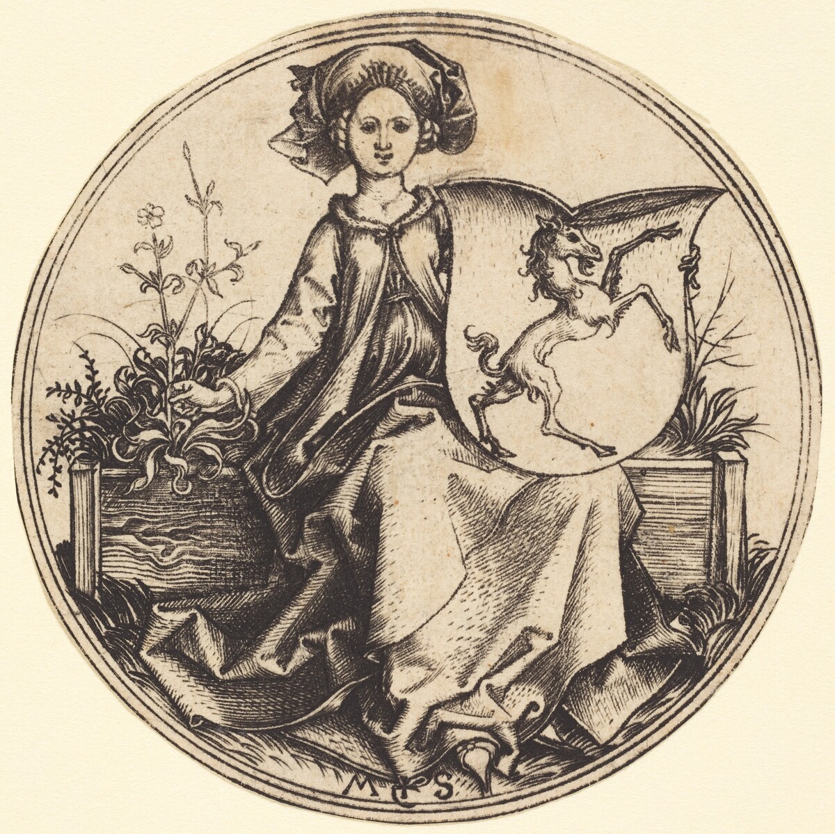 Shield with Unicorn, Held by Woman by Martin Schongauer