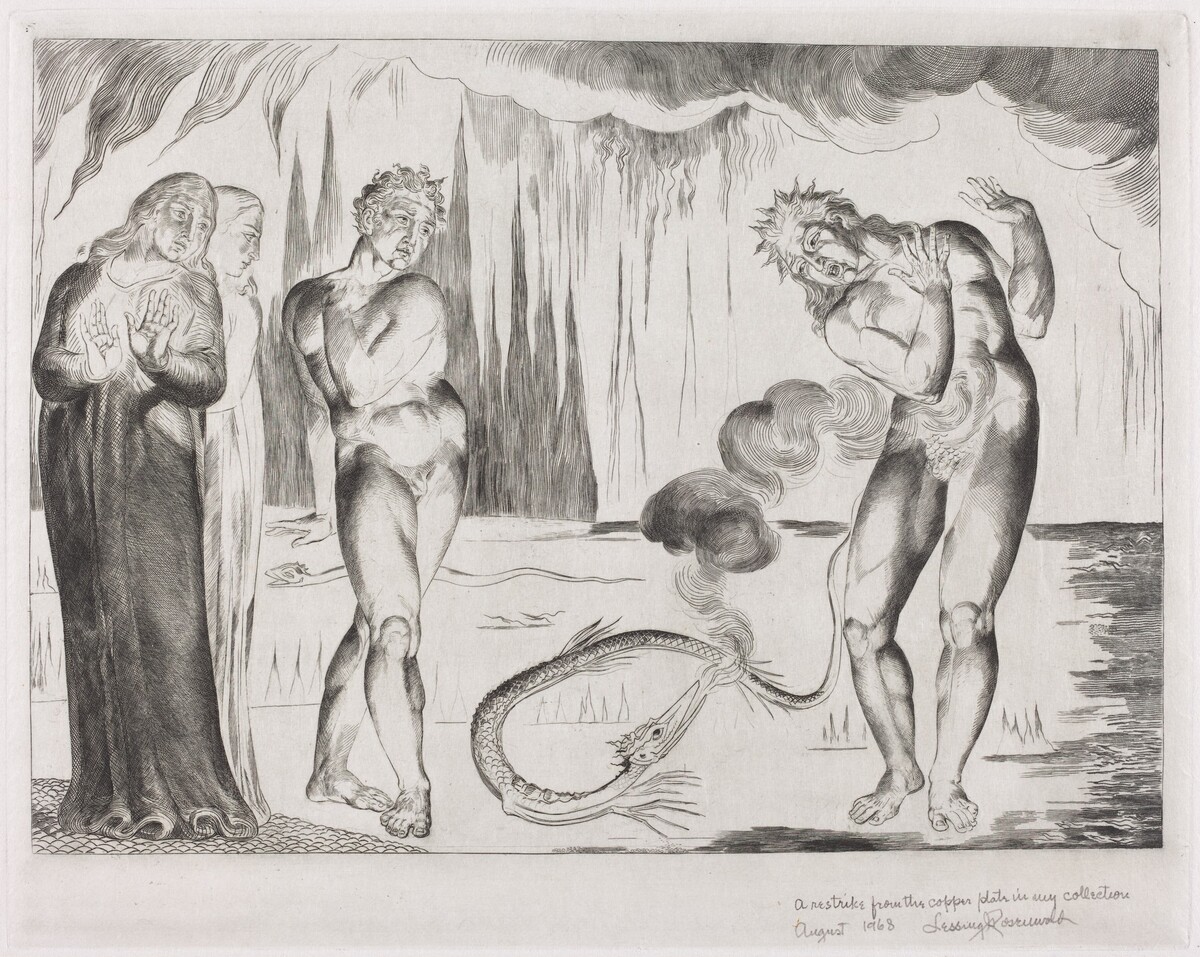The Circle of the Thieves; Buoso Donati Attacked by the Serpent by William Blake (artist); Harry Hoehn (printer)