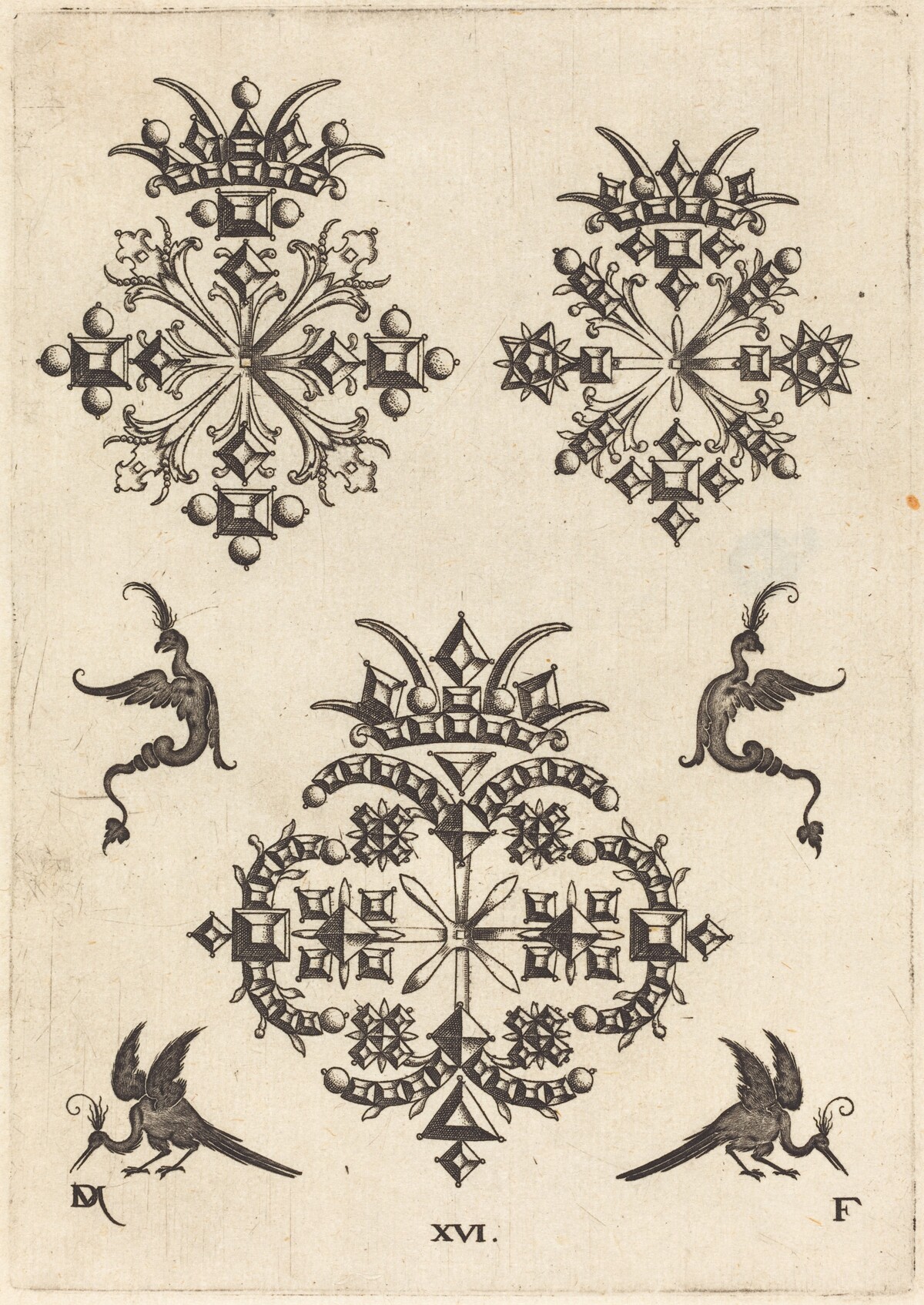 Three Brooches with Fantasy Birds at Left, Right, and Bottom by Daniel Mignot