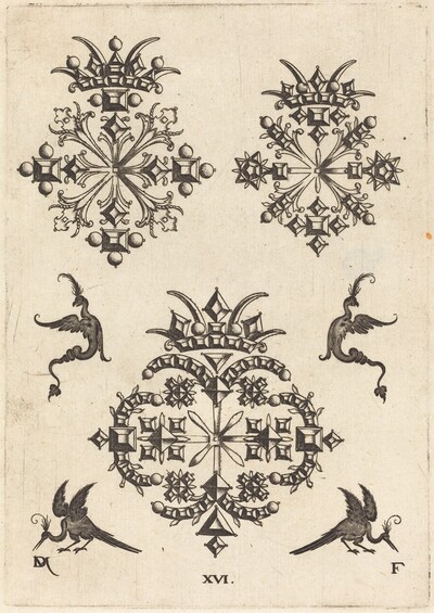Three Brooches with Fantasy Birds at Left, Right, and Bottom