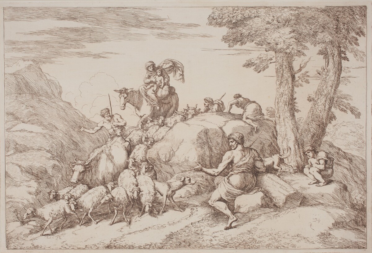 A Pastoral Journey with a Mother and Child on Horesback and an Elderly Shepherd Seated by Gaetano Zompini, after Giovanni Benedetto Castiglione